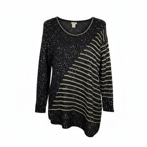 Escio Anthropologie Sweater Sz L Black Metallic Gold Sequin Asymmetric Hem